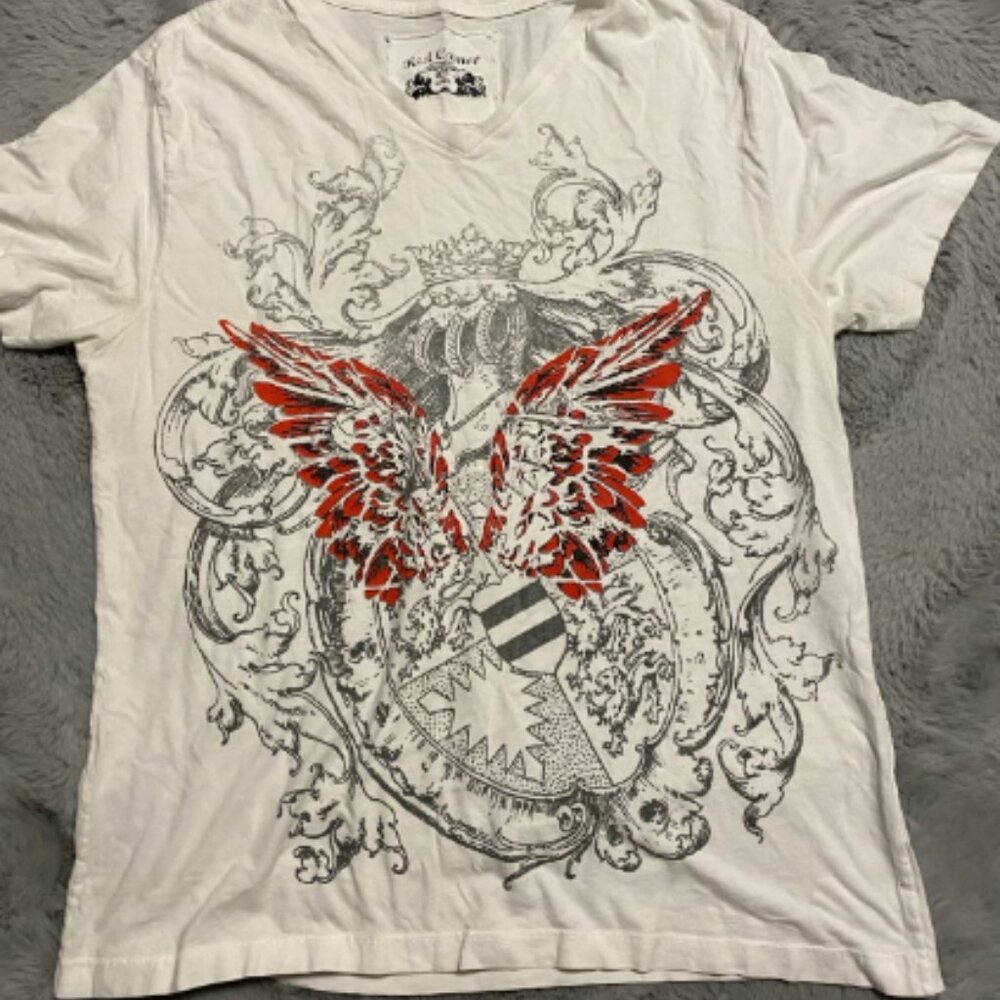 Y2K Men's White and Red Graphic V neck
